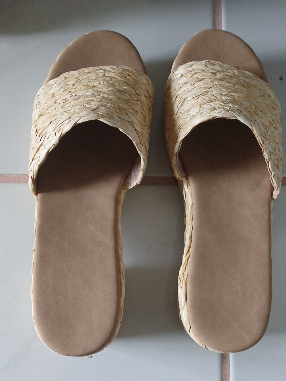Neutral Woven Slide Sandals - Women's Beige/Tan Size 8